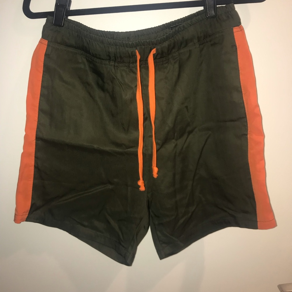Mens olive & orange striped shorts